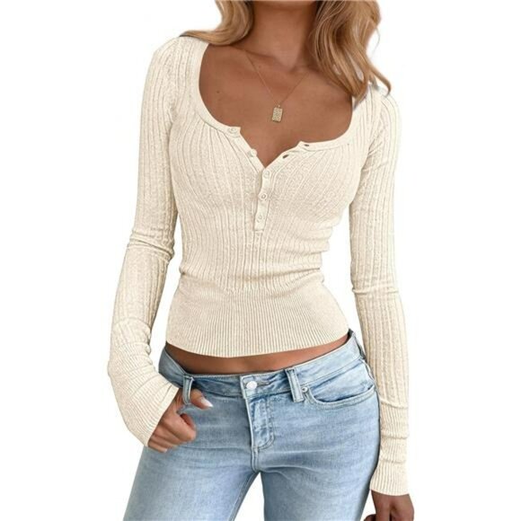 Womens Henley Long Sleeve Shirt Slim Fit Button Up Fall Lightweight Sweater - Picture 1 of 7